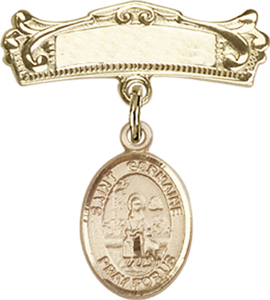 Personalized Baby Badge - Engraved Badge Pin with St. Germaine Cousin Charm