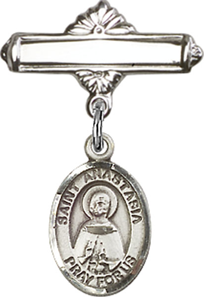 Personalized Baby Badge - Engraved Badge Pin with St. Anastasia Charm