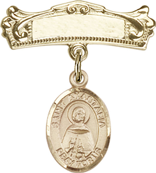 Personalized Baby Badge - Engraved Badge Pin with St. Anastasia Charm