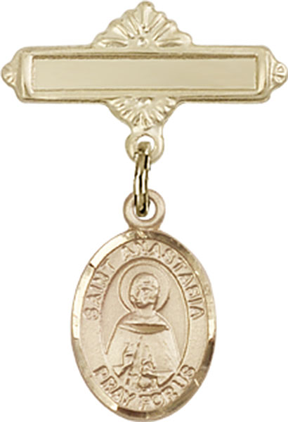Personalized Baby Badge - Engraved Badge Pin with St. Anastasia Charm