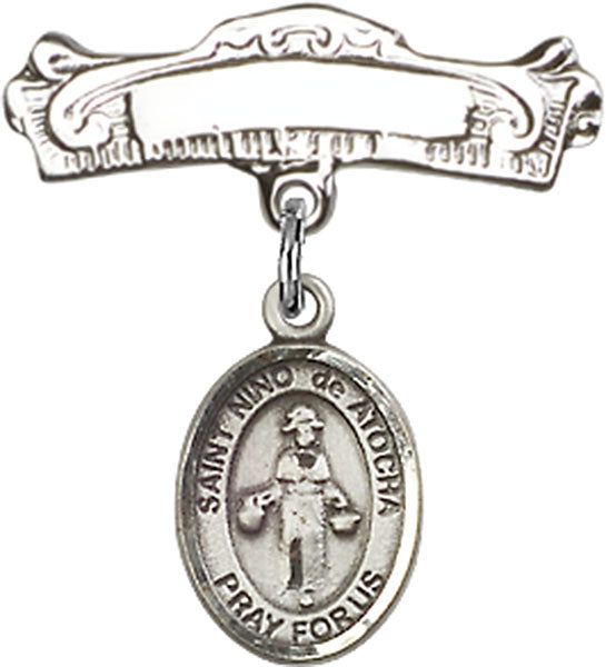 Personalized Baby Badge - Engraved Badge Pin with Santo Nino de Atocha Charm