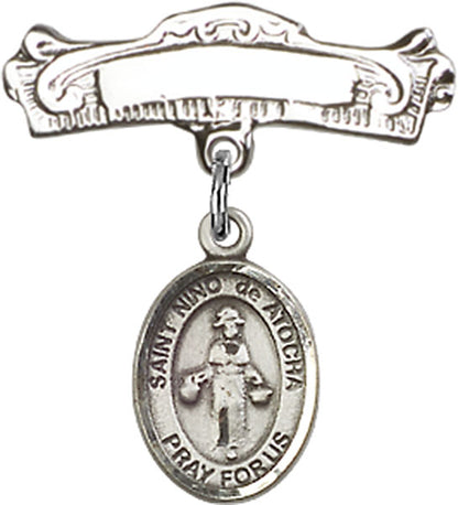 Personalized Baby Badge - Engraved Badge Pin with Santo Nino de Atocha Charm