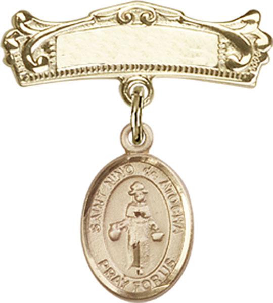 Personalized Baby Badge - Engraved Badge Pin with Santo Nino de Atocha Charm
