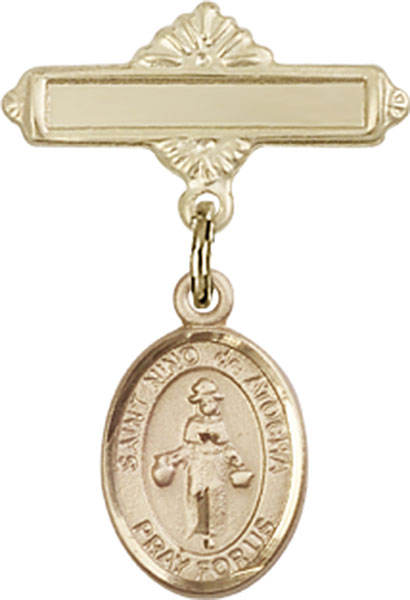 Personalized Baby Badge - Engraved Badge Pin with Santo Nino de Atocha Charm
