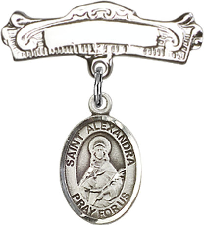 Personalized Baby Badge - Engraved Badge Pin with St. Alexandra Charm