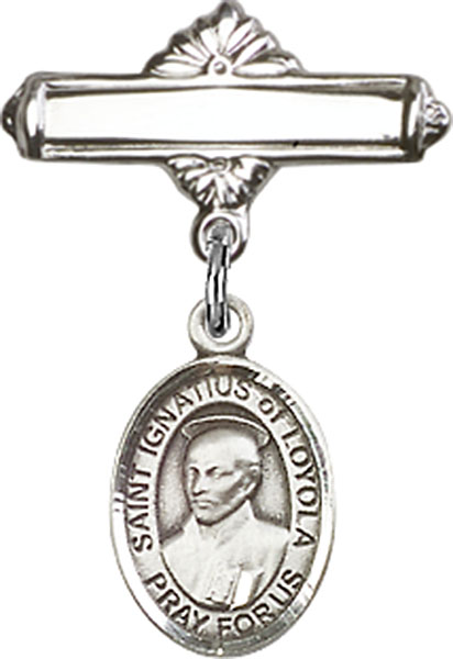 Personalized Baby Badge - Engraved Badge Pin with St. Ignatius of Loyola Charm