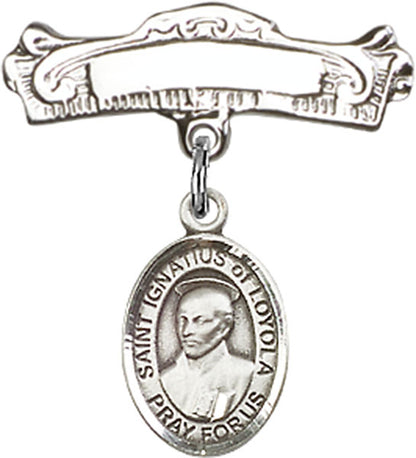 Personalized Baby Badge - Engraved Badge Pin with St. Ignatius of Loyola Charm