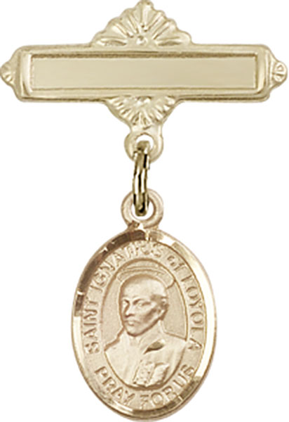 Personalized Baby Badge - Engraved Badge Pin with St. Ignatius of Loyola Charm