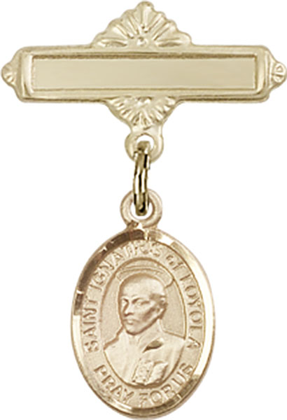 Personalized Baby Badge - Engraved Badge Pin with St. Ignatius of Loyola Charm