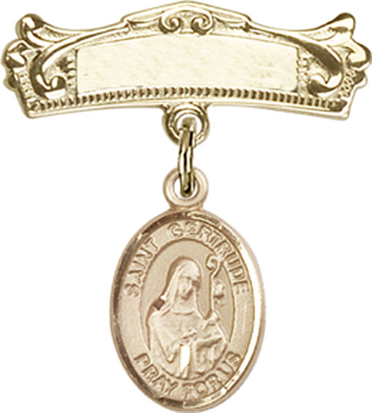 Personalized Baby Badge - Engraved Badge Pin with St. Gertrude of Nivelles Charm