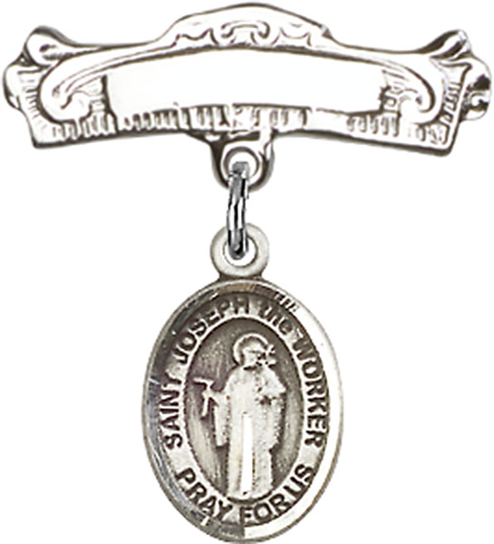 Personalized Baby Badge - Engraved Badge Pin with St. Joseph the Worker Charm