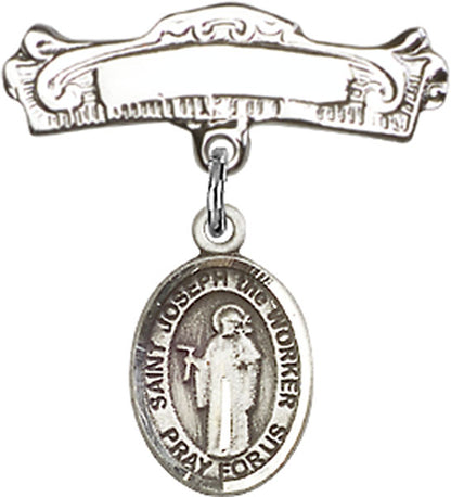 Personalized Baby Badge - Engraved Badge Pin with St. Joseph the Worker Charm