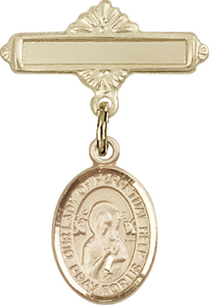 Personalized Baby Badge - Engraved Badge Pin with Our Lady of Perpetual Help Charm