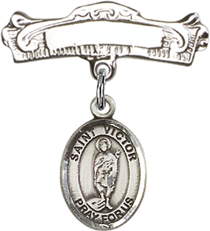 Personalized Baby Badge - Engraved Badge Pin with St. Victor of Marseilles Charm