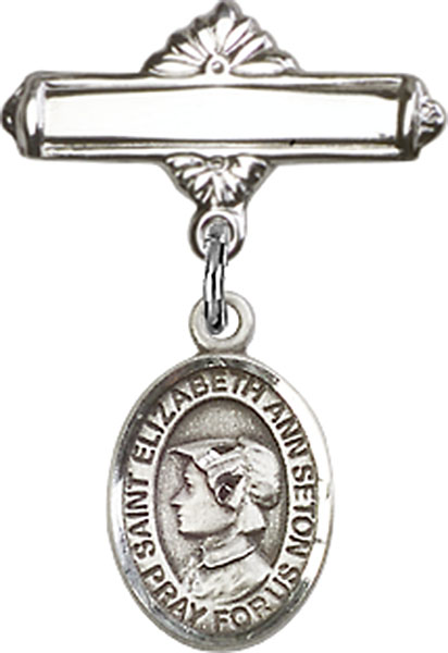 Personalized Baby Badge - Engraved Badge Pin with St. Elizabeth Ann Seton Charm