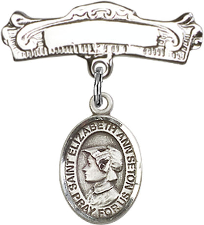 Personalized Baby Badge - Engraved Badge Pin with St. Elizabeth Ann Seton Charm