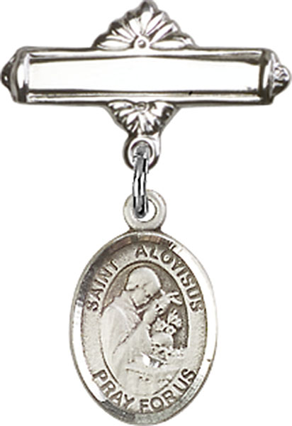 Personalized Baby Badge - Engraved Badge Pin with St. Aloysius Gonzaga Charm