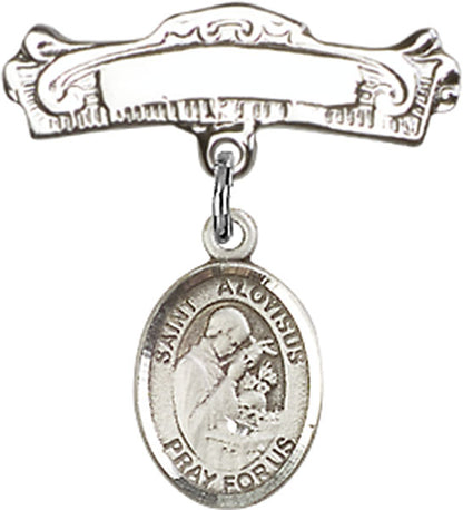 Personalized Baby Badge - Engraved Badge Pin with St. Aloysius Gonzaga Charm