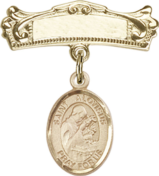 Personalized Baby Badge - Engraved Badge Pin with St. Aloysius Gonzaga Charm