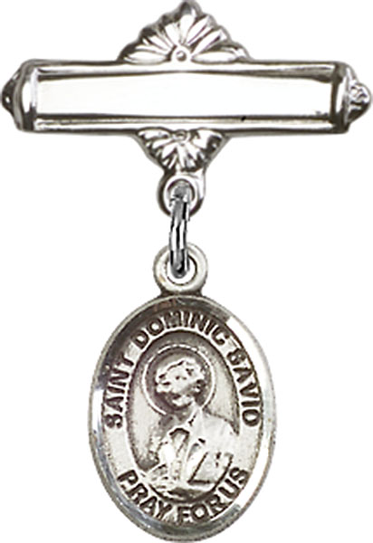 Personalized Baby Badge - Engraved Badge Pin with St. Dominic Savio Charm