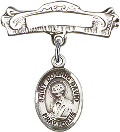 Personalized Baby Badge - Engraved Badge Pin with St. Dominic Savio Charm