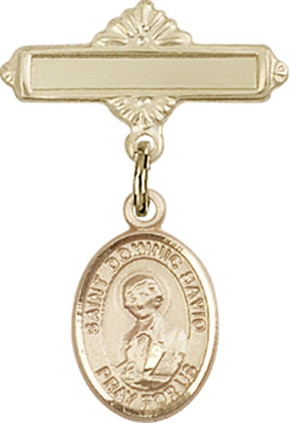 Personalized Baby Badge - Engraved Badge Pin with St. Dominic Savio Charm