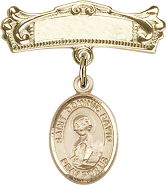Personalized Baby Badge - Engraved Badge Pin with St. Dominic Savio Charm