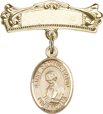 Personalized Baby Badge - Engraved Badge Pin with St. Dominic Savio Charm