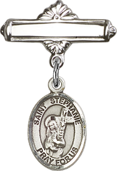 Personalized Baby Badge - Engraved Badge Pin with St. Stephanie Charm