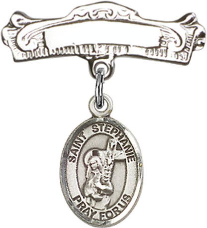 Personalized Baby Badge - Engraved Badge Pin with St. Stephanie Charm
