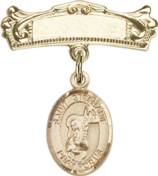 Personalized Baby Badge - Engraved Badge Pin with St. Stephanie Charm