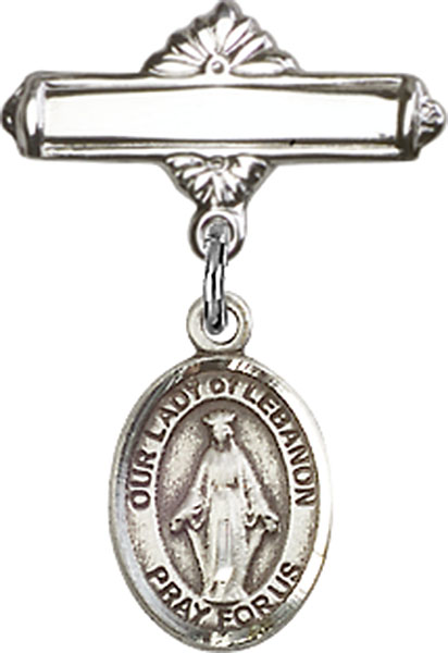Personalized Baby Badge - Engraved Badge Pin with Our Lady of Lebanon Charm