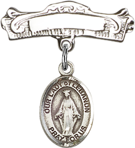 Personalized Baby Badge - Engraved Badge Pin with Our Lady of Lebanon Charm