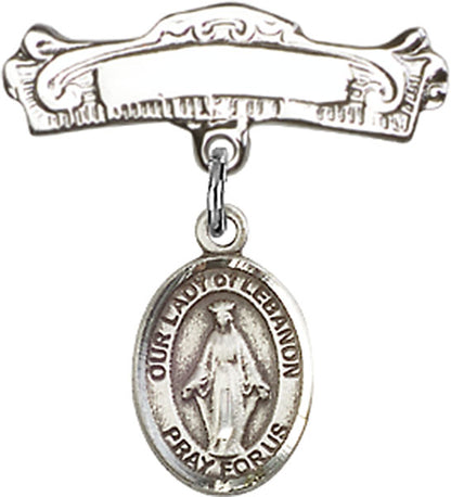 Personalized Baby Badge - Engraved Badge Pin with Our Lady of Lebanon Charm