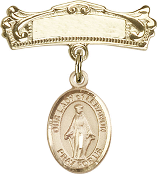 Personalized Baby Badge - Engraved Badge Pin with Our Lady of Lebanon Charm