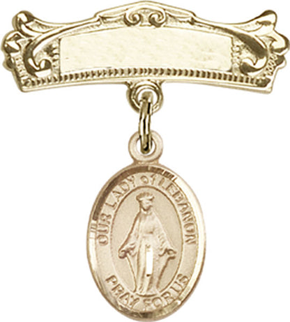 Personalized Baby Badge - Engraved Badge Pin with Our Lady of Lebanon Charm