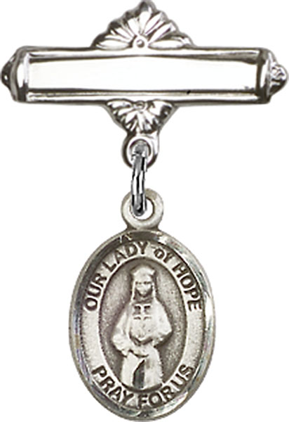 Personalized Baby Badge - Engraved Badge Pin with Our Lady of Hope Charm