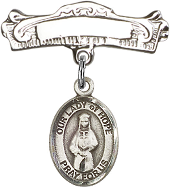 Personalized Baby Badge - Engraved Badge Pin with Our Lady of Hope Charm