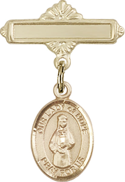 Personalized Baby Badge - Engraved Badge Pin with Our Lady of Hope Charm