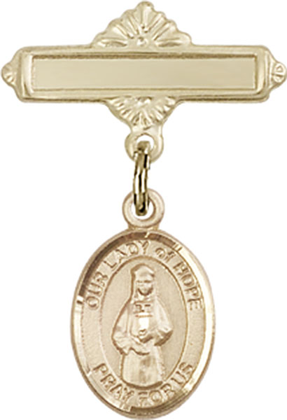 Personalized Baby Badge - Engraved Badge Pin with Our Lady of Hope Charm
