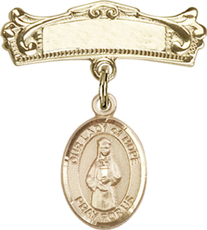 Personalized Baby Badge - Engraved Badge Pin with Our Lady of Hope Charm