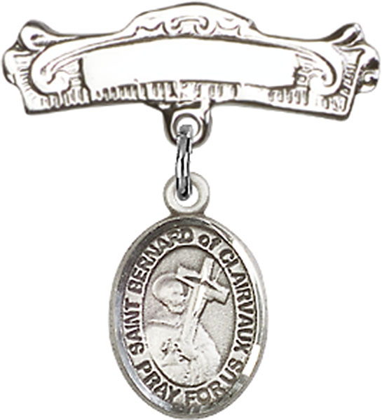 Personalized Baby Badge - Engraved Badge Pin with St. Bernard of Clairvaux Charm