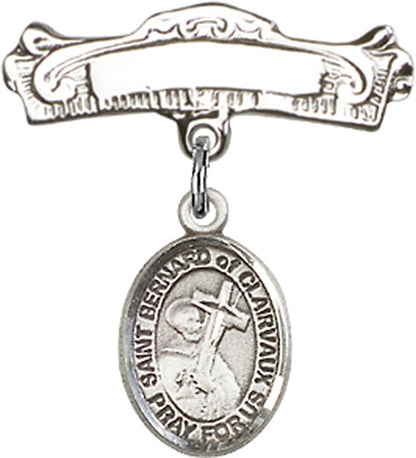 Personalized Baby Badge - Engraved Badge Pin with St. Bernard of Clairvaux Charm