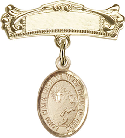 Personalized Baby Badge - Engraved Badge Pin with Footprints / Cross Charm