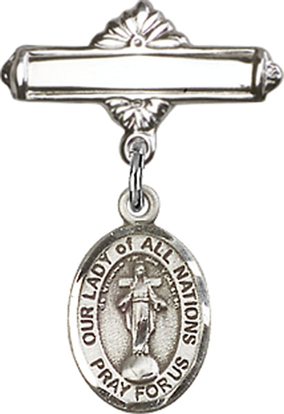 Personalized Baby Badge - Engraved Badge Pin with Our Lady of All Nations Charm