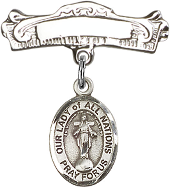 Personalized Baby Badge - Engraved Badge Pin with Our Lady of All Nations Charm