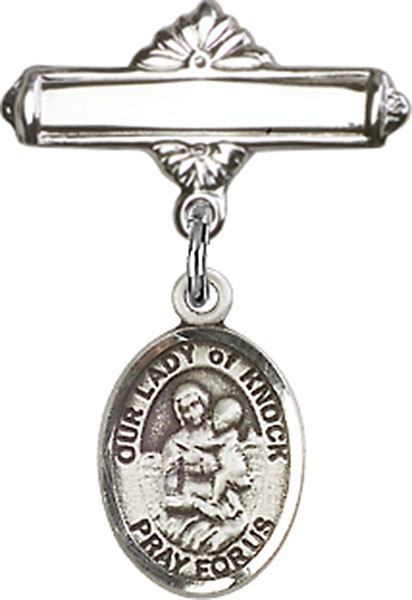 Personalized Baby Badge - Engraved Badge Pin with Our Lady of Knock Charm