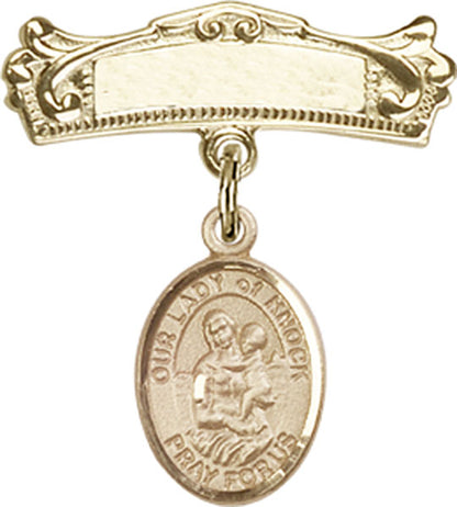 Personalized Baby Badge - Engraved Badge Pin with Our Lady of Knock Charm
