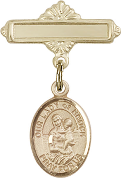 Personalized Baby Badge - Engraved Badge Pin with Our Lady of Knock Charm
