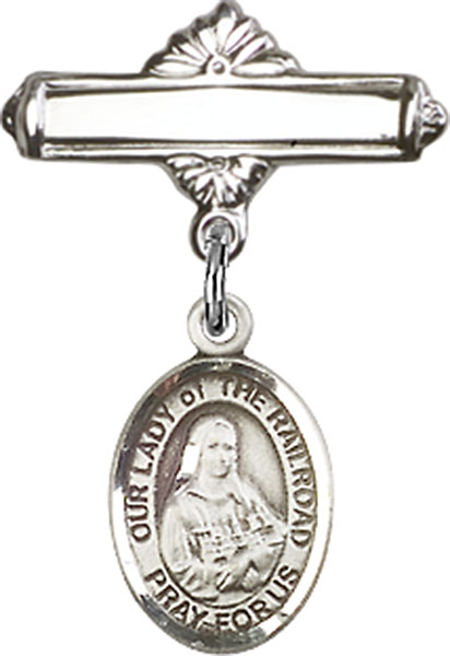 Personalized Baby Badge - Engraved Badge Pin with Our Lady of the Railroad Charm